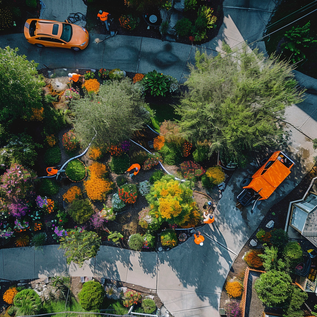 An aerial view of a landscaped garden with colorful flowers, trees, and bushes. There are two orange lawn care machines, a yellow car, and a worker in an orange shirt watering the plants. Curved concrete walkways wind through the garden.