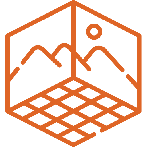 An isometric line drawing of a mountain landscape with a sun in the sky, enclosed within a cube outline.