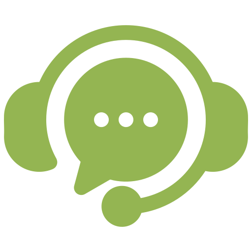 Green icon of a chat bubble with three dots inside, surrounded by a headset.