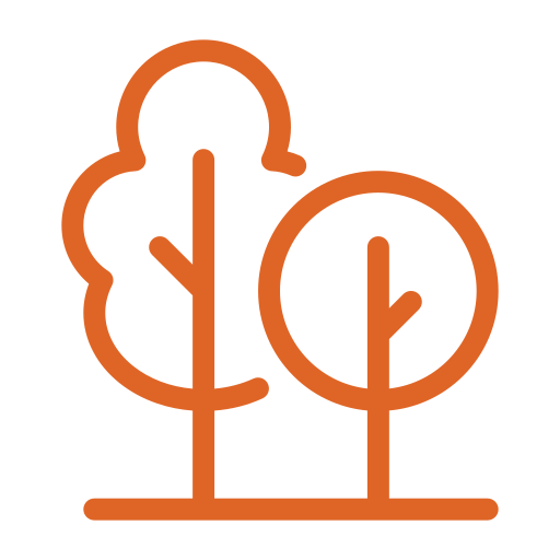Line drawing of two trees, one tall and thin and one round and bushy, in orange on a black background.