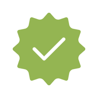 Green badge with white checkmark in the center