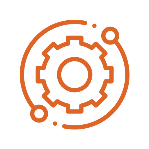 Icon of a gear with orbiting nodes connected by lines, representing technology or engineering.