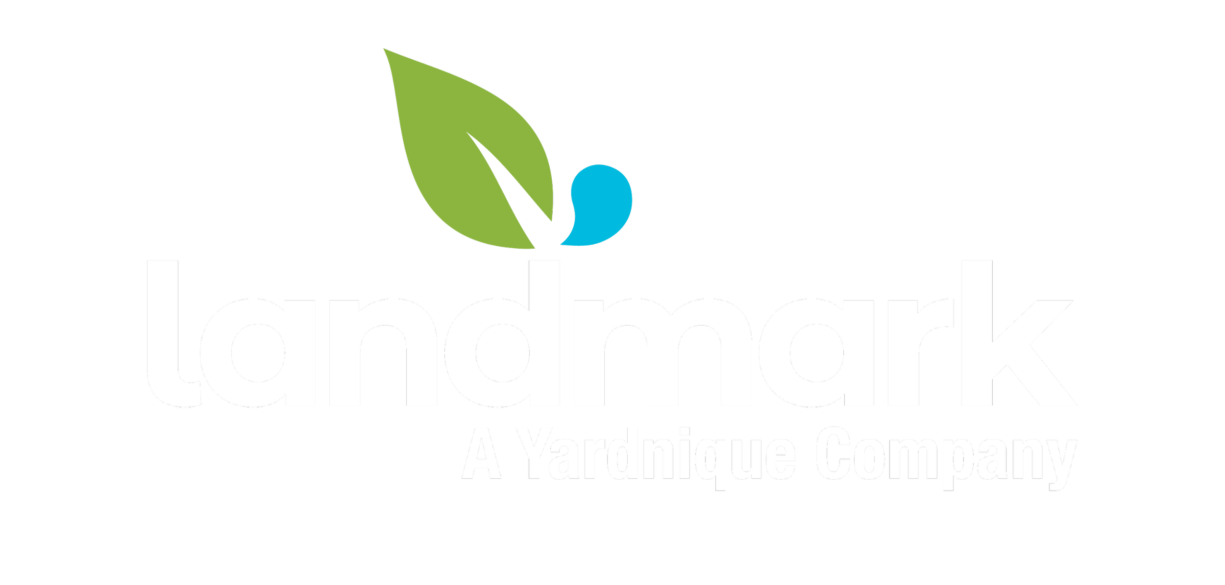 Logo of Landmark, a yarding company, with a stylized green leaf and blue droplet above the company name on a black background.