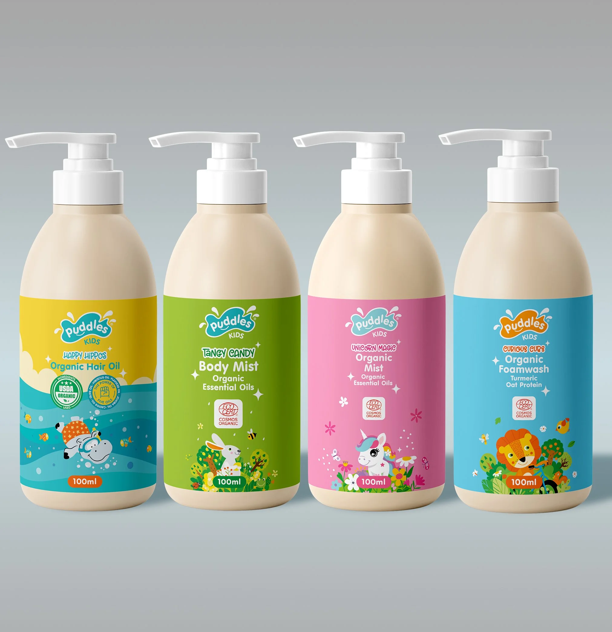 Packaging Design
Packaging Design for various bath and body care product from the brand Puddles Kids. 
(DISCLAIMER | These mockups have been created and are not the actual bottles).