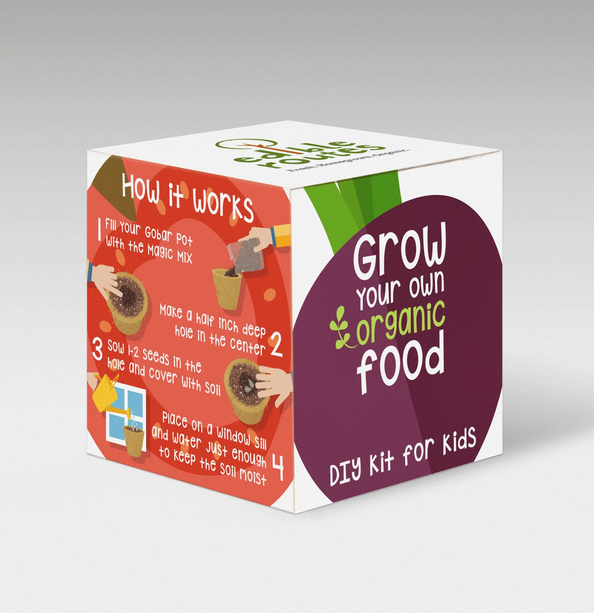 Packaging Design
Packaging and Graphics for a DIY toolkit engaging kids to grow their own food 
for Edible Routes.