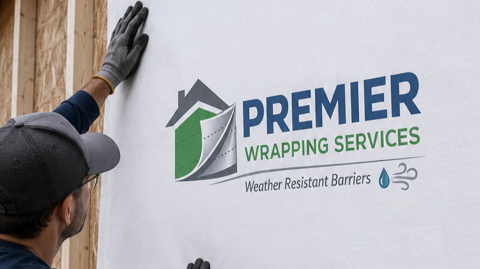 A man installing a sign on a building exterior that reads 'Premier Wrapping Services' with a logo and the tagline 'Weather Resistant Barriers'.