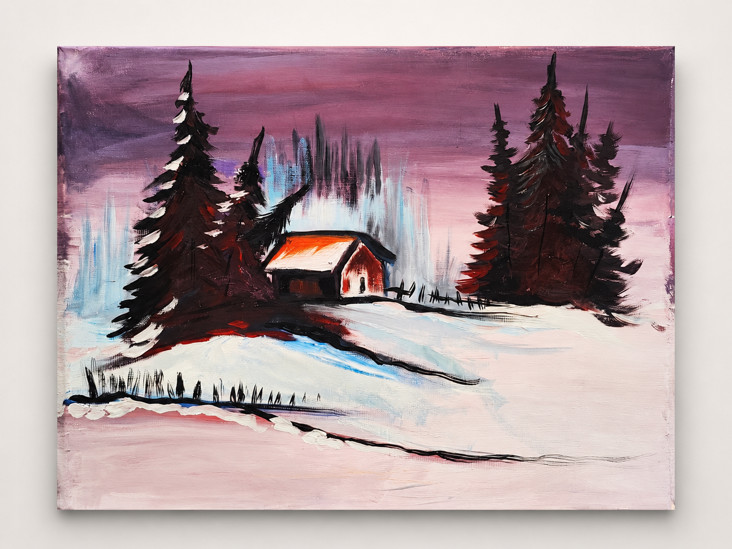 Snowy cabin under purple skies.png