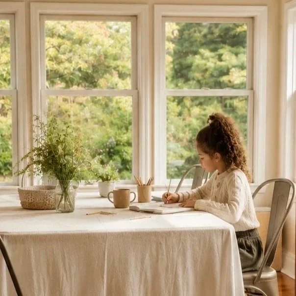 A young girl with curly hair sitting at a kitchen table, writing in a notebook, with large windows and greenery outside.