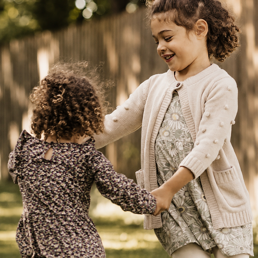 Two young girls with curly hair holding hands and playing outdoors, smiling happily. One girl is older and wearing a floral dress and a beige cardigan; the other girl is younger and wearing a dark floral dress. They are in a park with a wooden fence and greenery in the background.