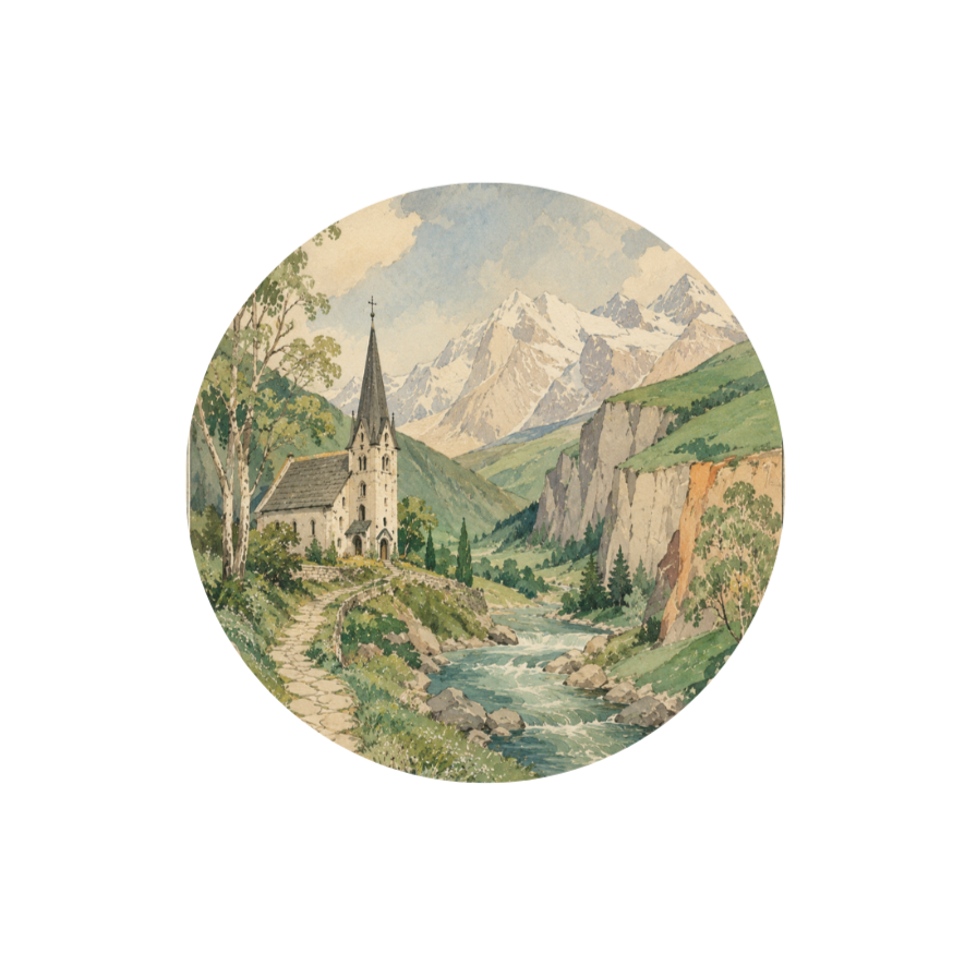 Waterfront church with mountains in the background, trees, and a river in a scenic landscape