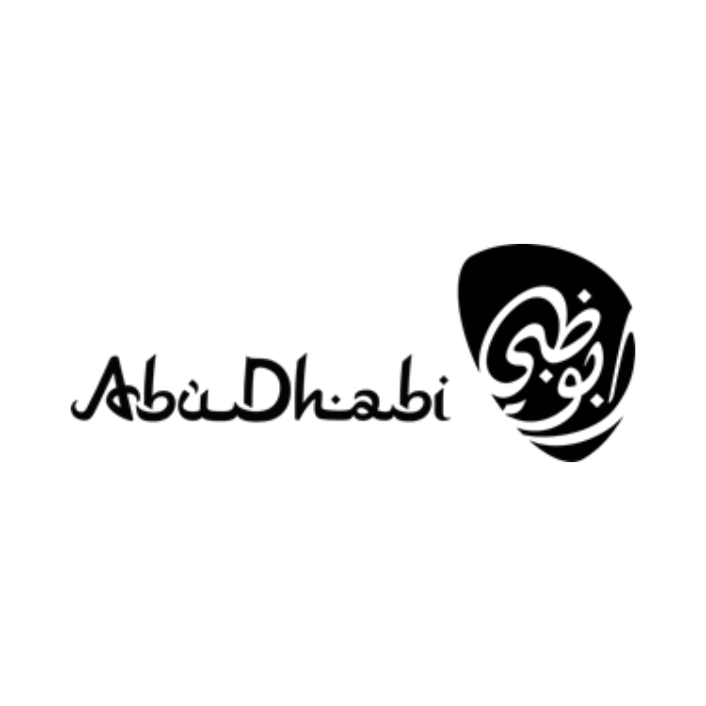 Black and white logo with the text 'Abu Dhabi' in English and Arabic calligraphy on the right