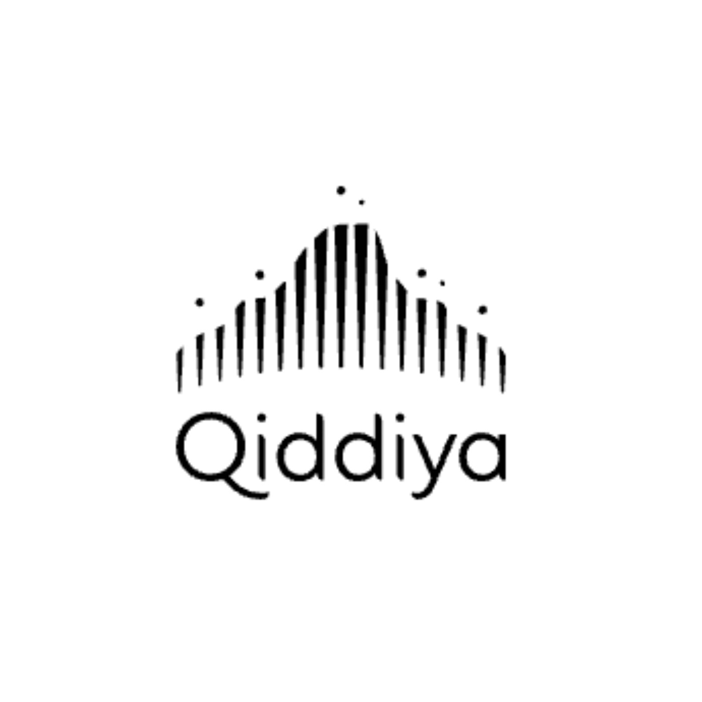 A logo featuring a stylized mountain with vertical lines and small dots above, with the text 'Qiddiya' below.