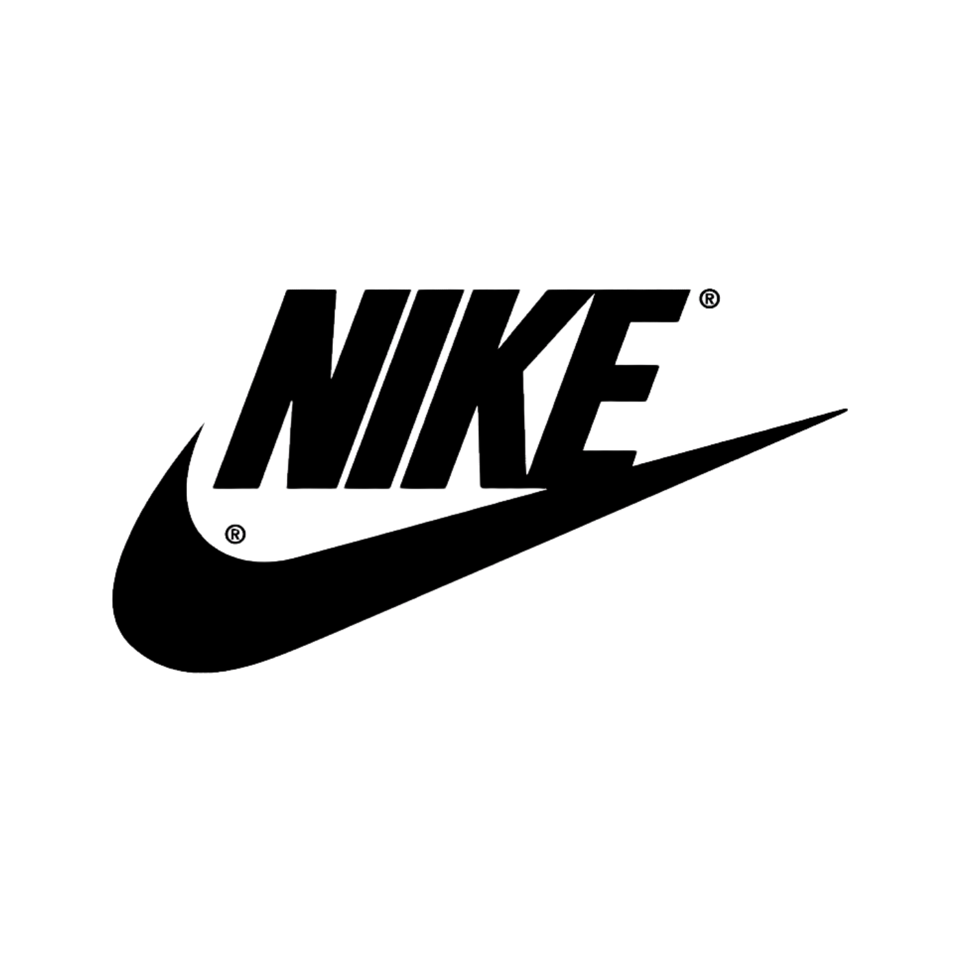 Black and white Nike logo with the swoosh and the word "NIKE" in bold letters.