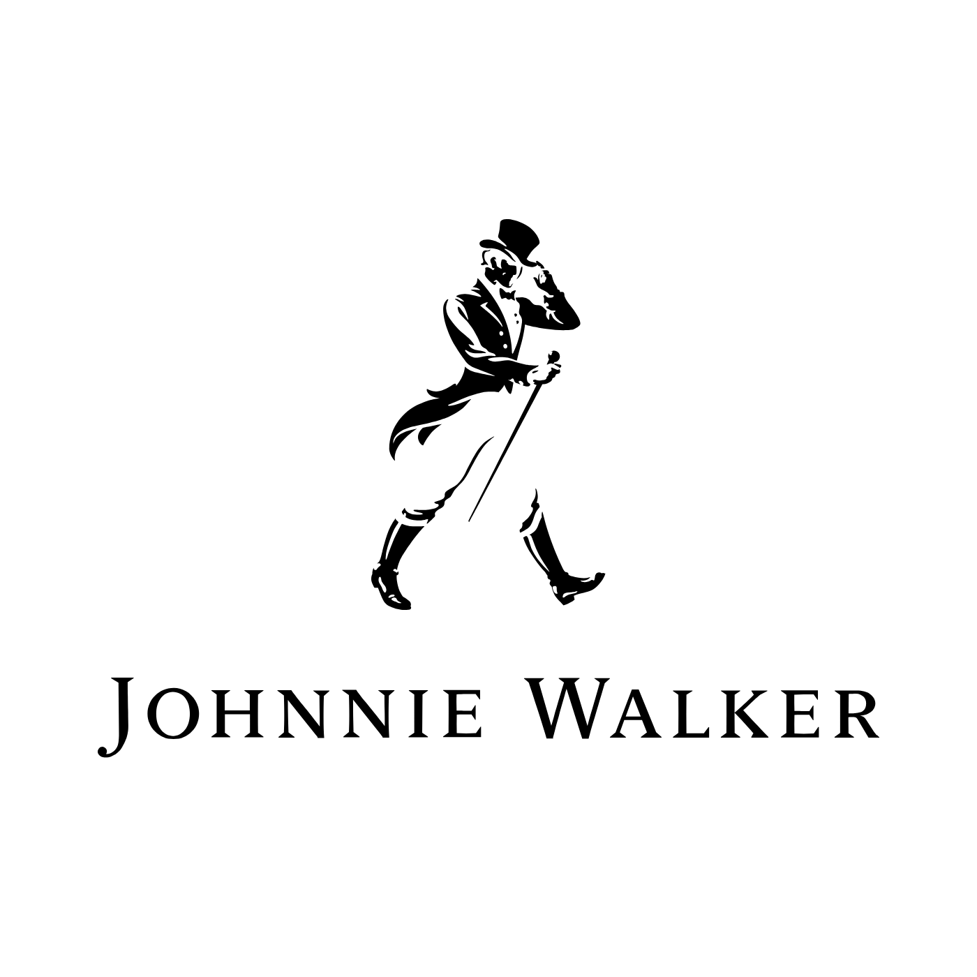Black and white logo featuring a stylized drawing of a man in historical attire, hat, and cane, with the text "JOHNNE WALKER" below.