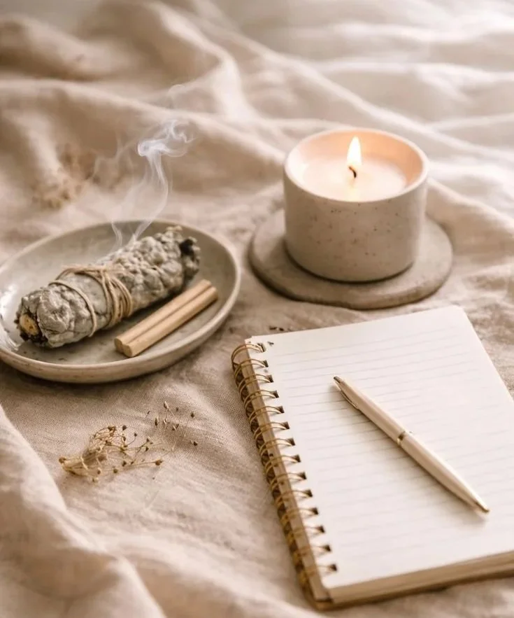 A lit candle, a burning herbal bundle on a plate, a pen on an open spiral notebook, and dried flowers on a soft beige fabric surface.