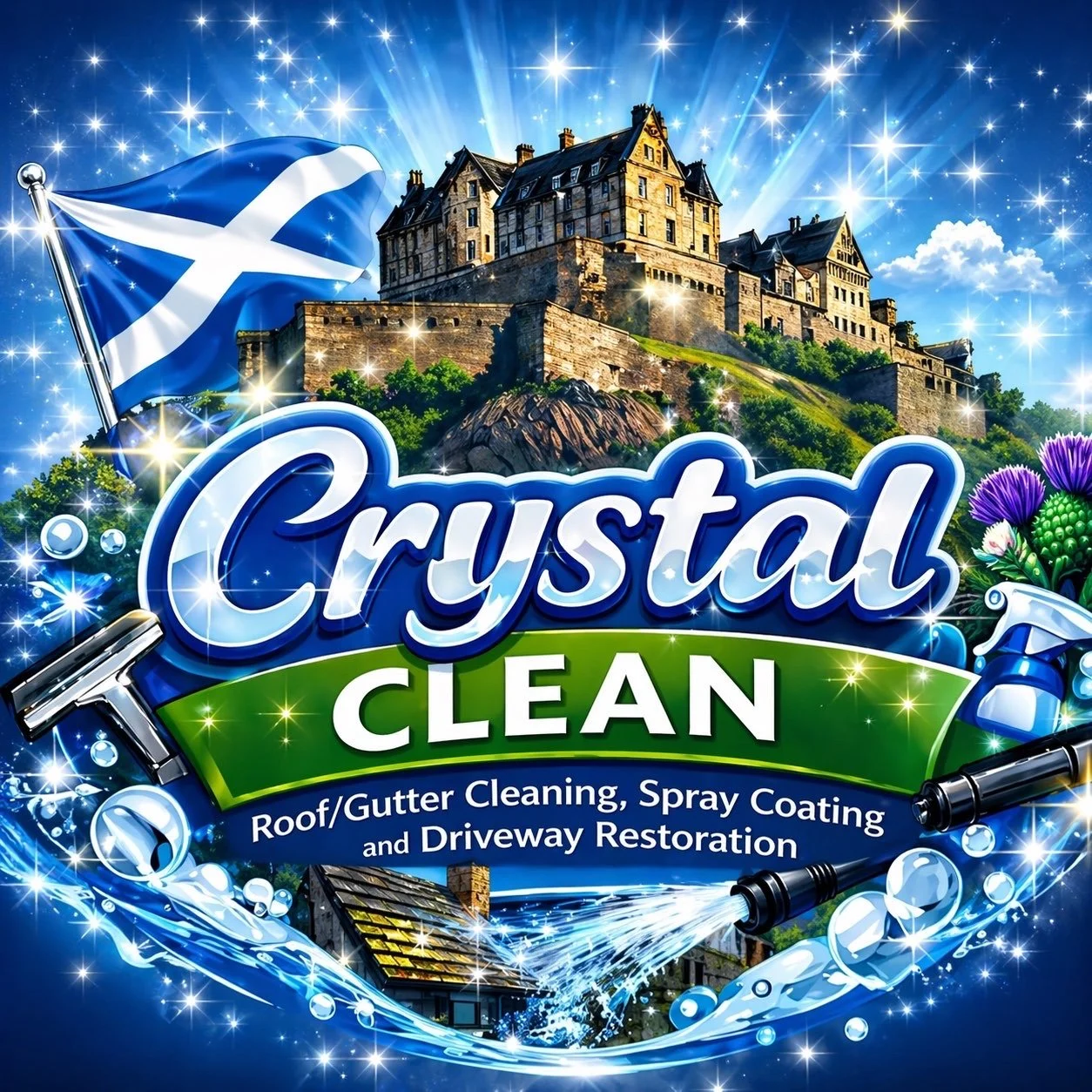 An illustration of Edinburgh Castle with a Scottish flag, surrounded by sparkles, flowers, a spray bottle, and water splashes promoting a cleaning service for roofs, gutters, spray coating, and driveway restoration.