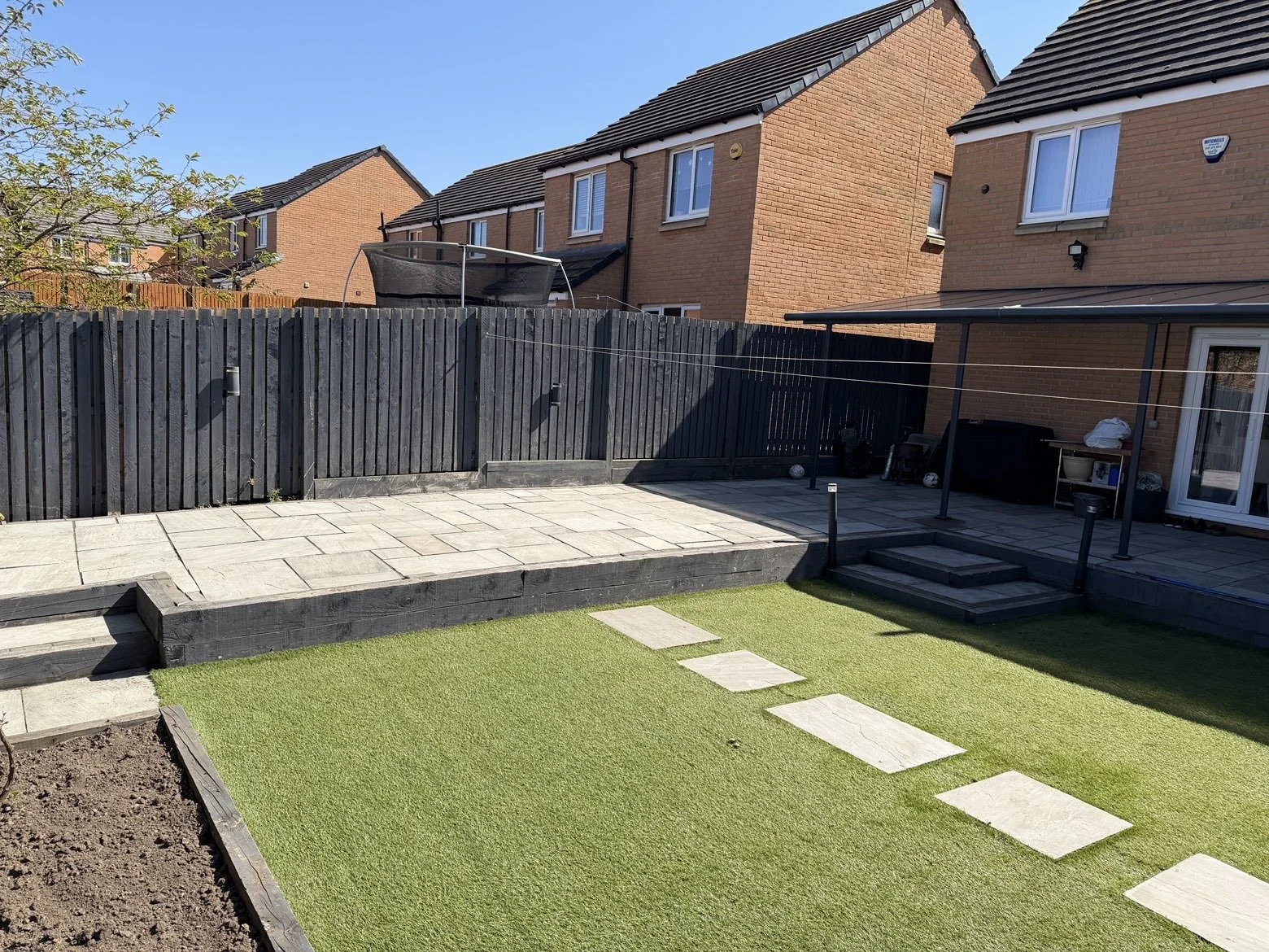 Backyard with a patio, a small lawn with stepping stones, a wooden fence, and red brick houses in the background under a clear blue sky.