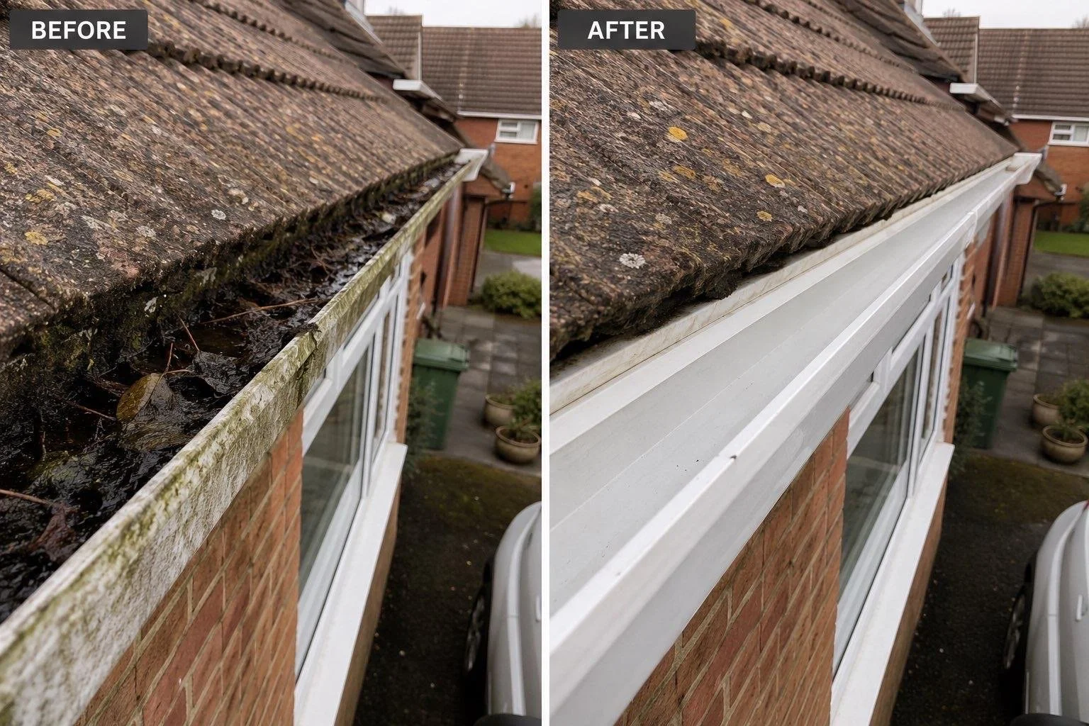 Comparison of roof gutter before cleaning with debris and moss, and after cleaning with a fresh coat of white paint and no debris.