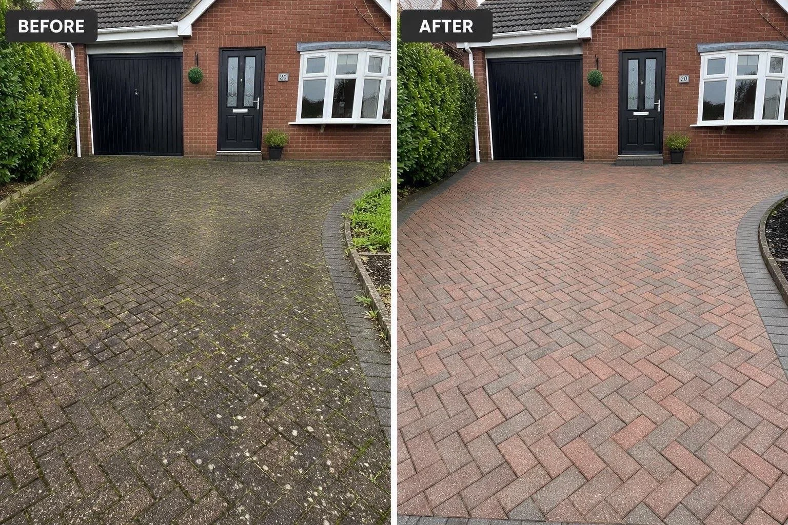 Side-by-side comparison of a house driveway before and after cleaning and resurfacing. The left side shows a dirty, moss-covered brick driveway; the right side shows a clean, newly paved brick driveway.