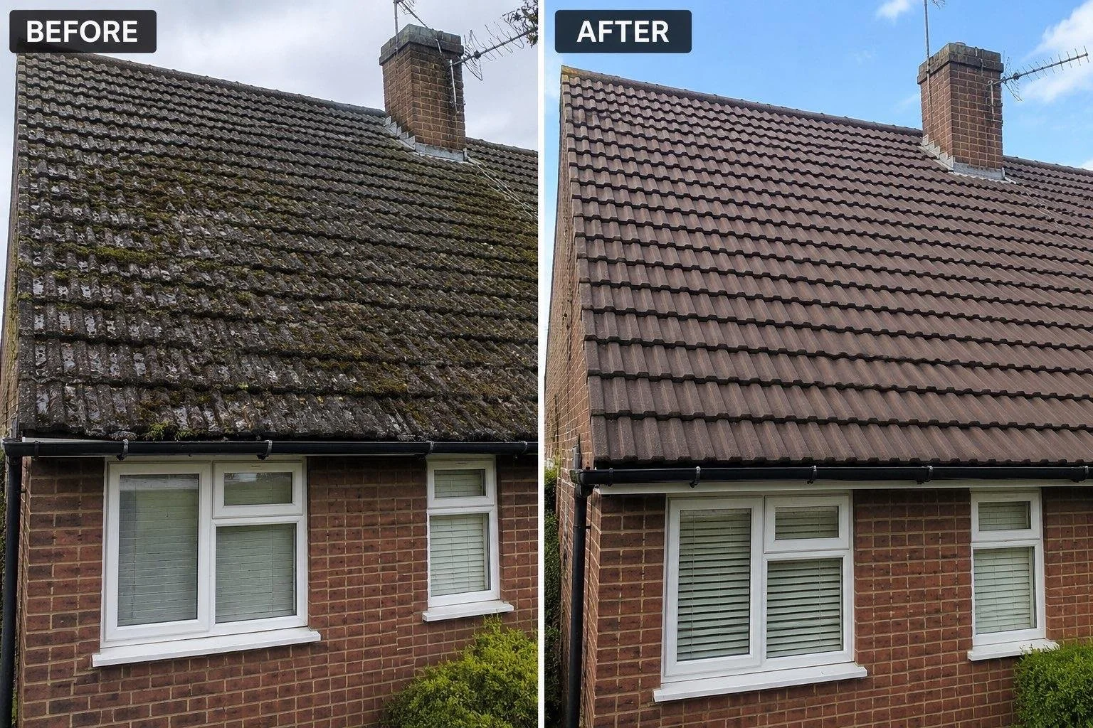 Side-by-side comparison of house roof before and after cleaning: Left side shows a roof with moss and dirt buildup, right side shows a clean, new-looking roof with new roof tiles. The house has brick walls and white-framed windows.