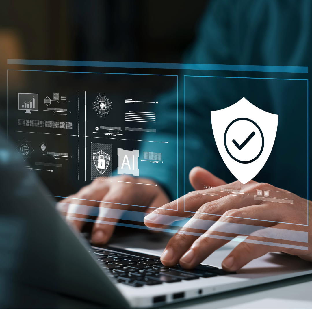 Person using a laptop with a transparent digital interface displaying cybersecurity and AI icons, including a shield with a checkmark, a padlock, and AI text.