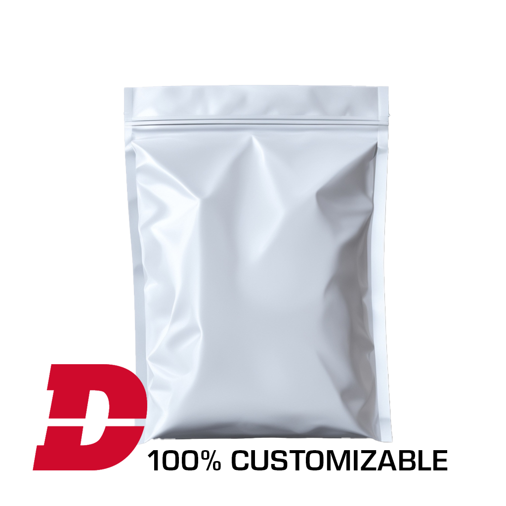 Blank silver resealable pouch with a red and black logo and the words "100% CUSTOMIZABLE" on a white background.