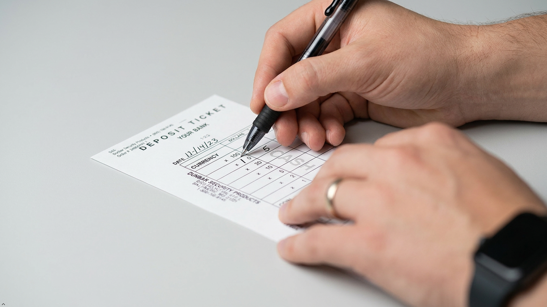 Person filling out a deposit slip at a desk.