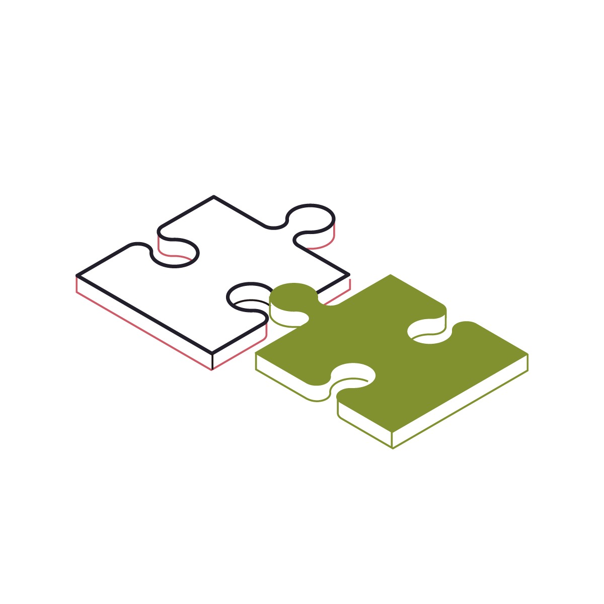 Isometric drawing of 2 puzzle pieces fitting together