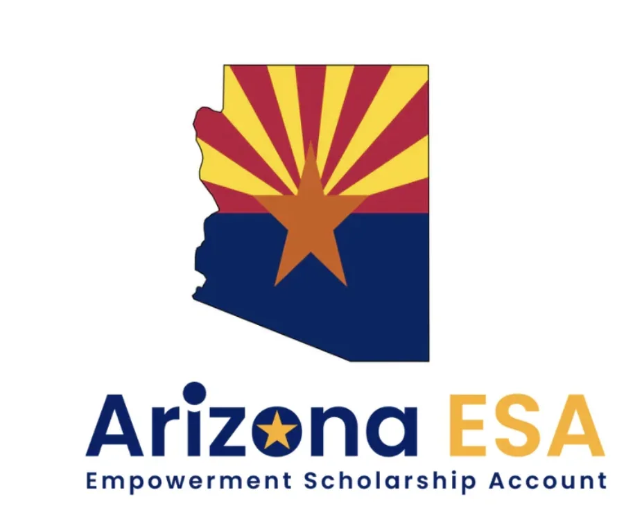 Logo of Arizona ESA, featuring the state outline filled with the Arizona flag's red and yellow rays, blue bottom half, and a brown star in the middle. Text reads 'Arizona ESA' with 'Empowerment Scholarship Account' underneath.