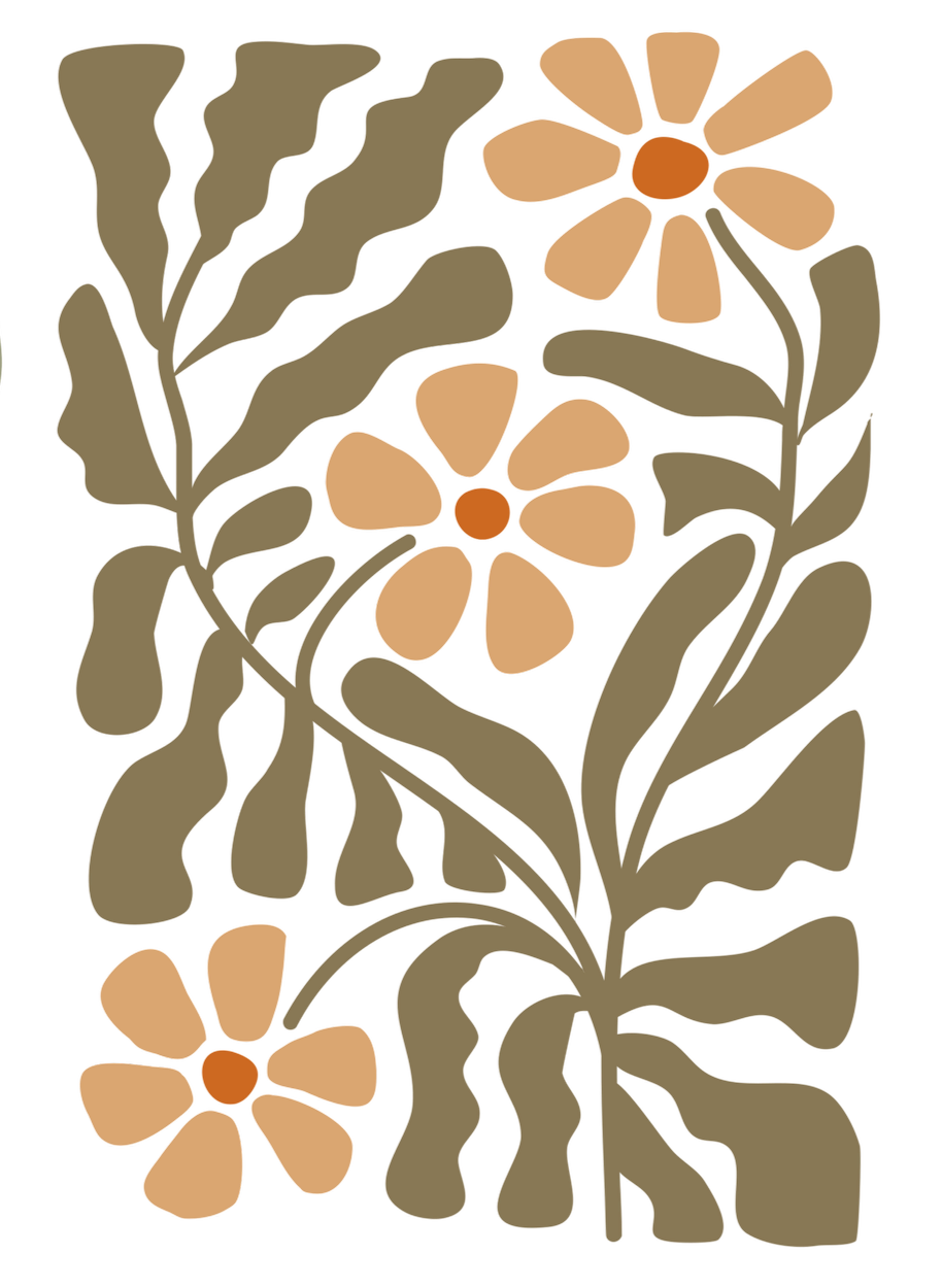 Floral pattern with peach-colored flowers and olive green leaves representing Parts Integration (IFS) and the many parts of you