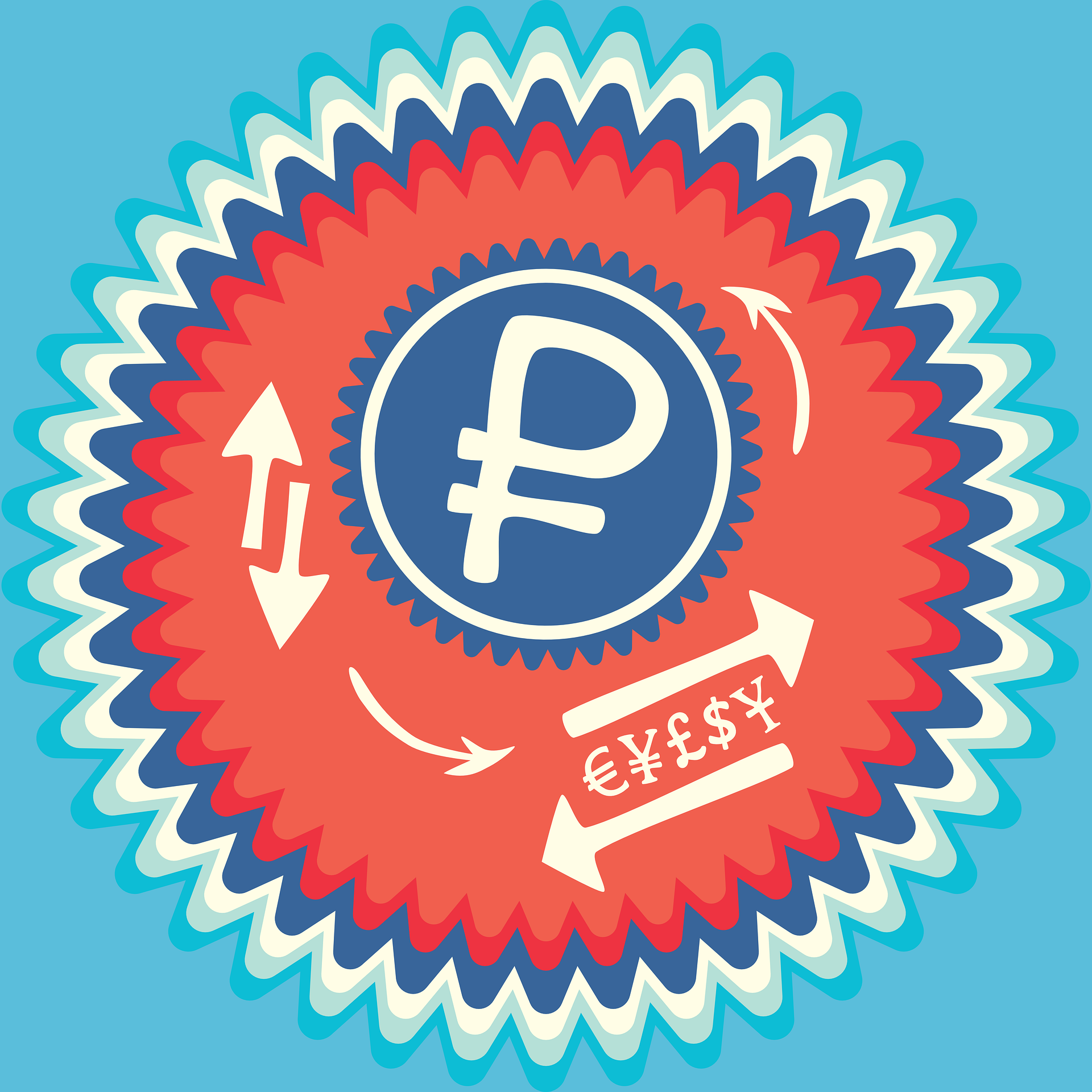 Stylized digital graphic with a central currency symbol, surrounded by a vibrant, multi-colored radiating pattern with arrows and currency signs.