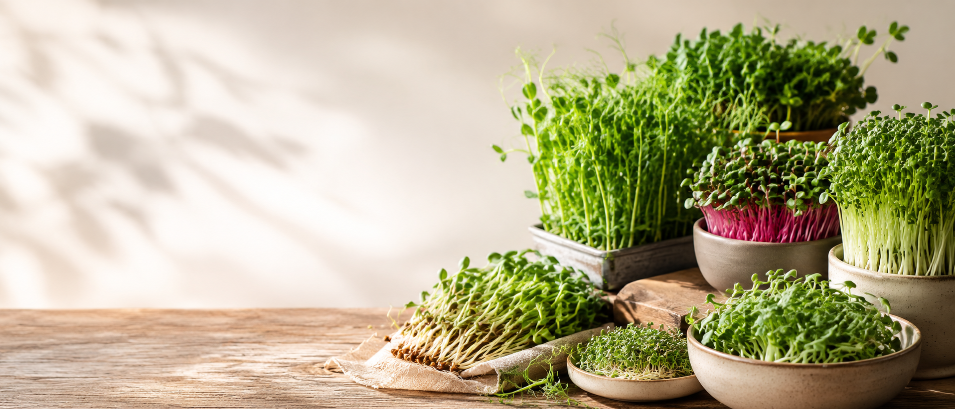 Various fresh microgreens in bowls and on a wooden surface, with a blurred neutral background.