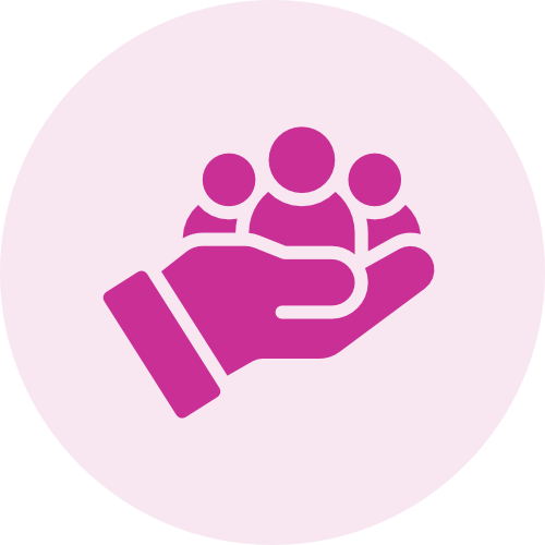 Icon of a hand holding three people figures, symbolizing support or community.