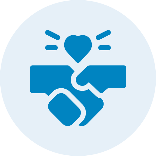 Icon of three hands holding a heart, with lines indicating warmth or love, on a light blue circular background.