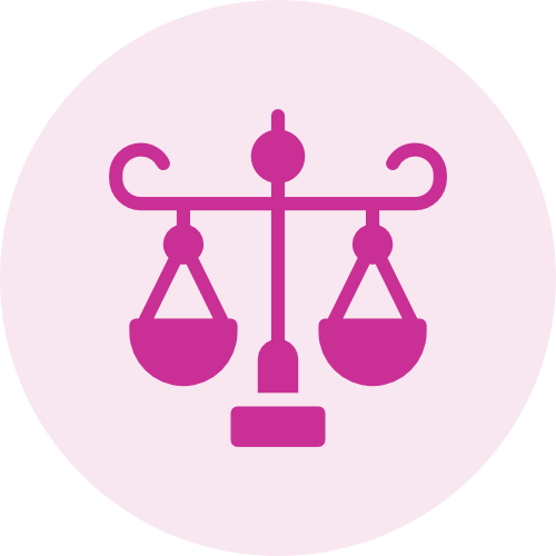 Icon of a pink justice or balance scale on a light pink circular background.