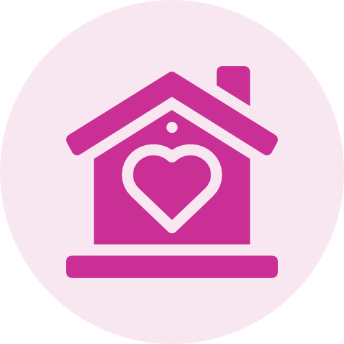 Purple house icon with a heart in the center, set against a light pink circular background.