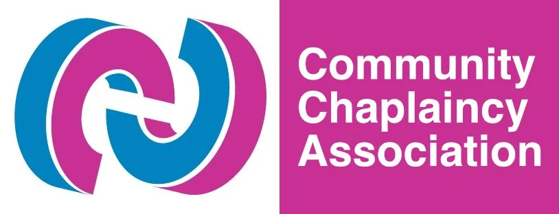 Logo of the Community Chaplancy Association with intertwined purple and blue shapes and the organization's name in white text on a purple background.