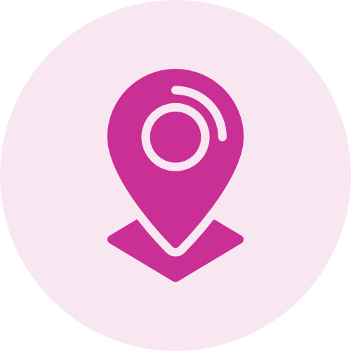 Pink location pin icon on a pale pink circular background.