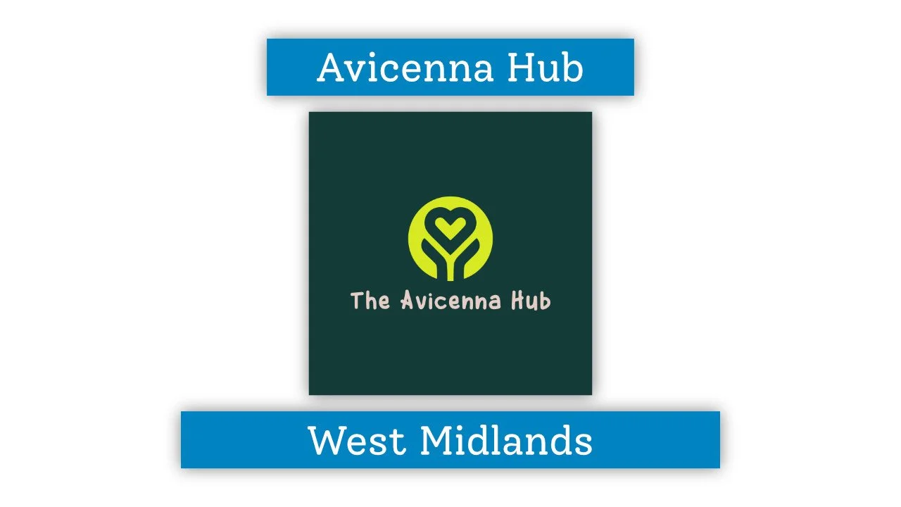 A digital graphic with the text 'Avicenna Hub' at the top, a logo with a stylized green leaf and a heart, and 'The Avicenna Hub' below the logo, with the words 'West Midlands' at the bottom.