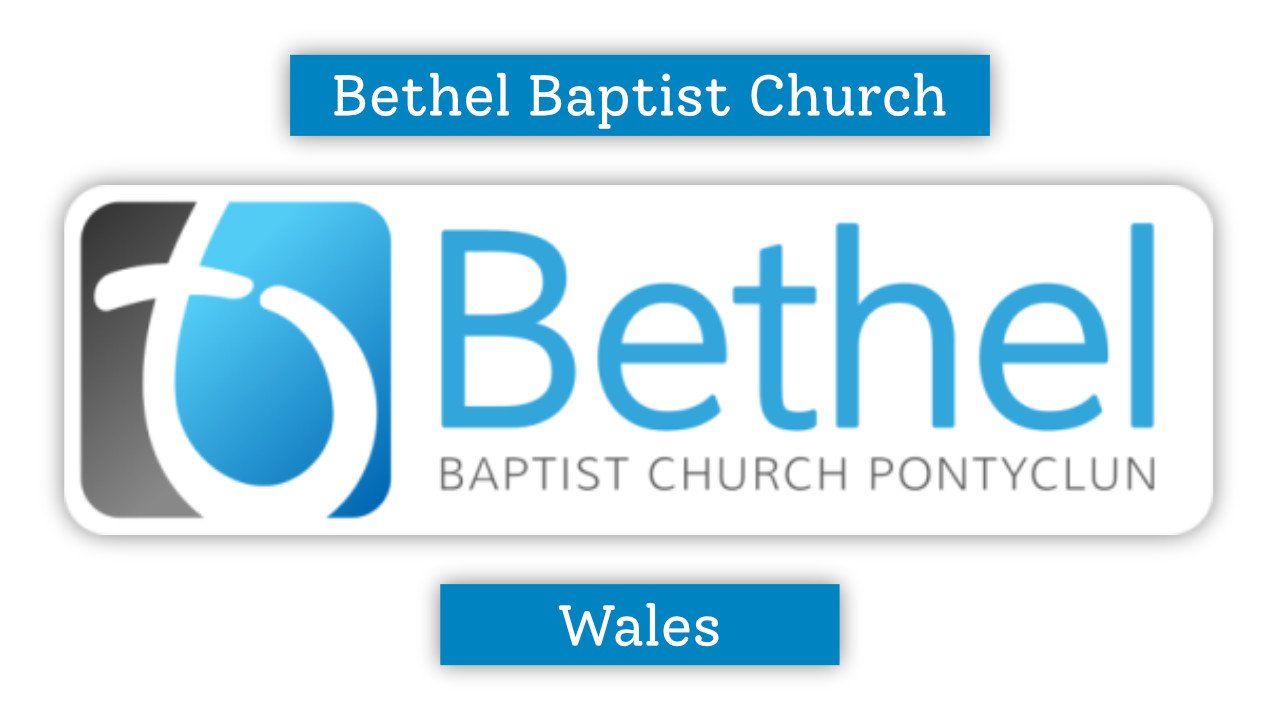 Logo for Bethel Baptist Church Poncyclun in Wales, featuring a stylized cross and water droplet symbol with the church name and location.