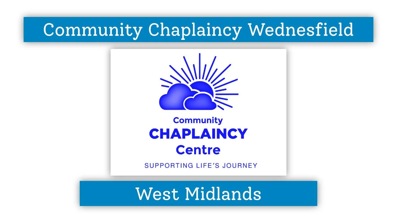 Logo for Community Chaplaincy Wednesfield, supporting life's journey, in the West Midlands. Includes clouds and sun icon with blue text.