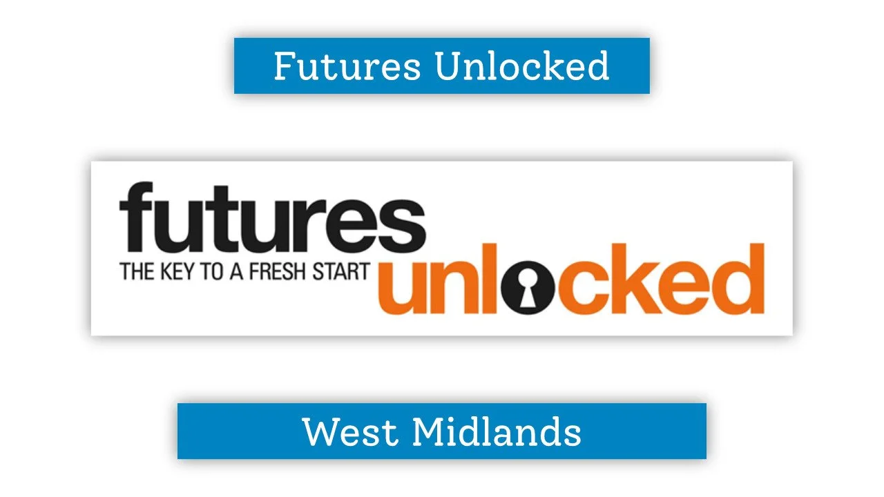 Graphic with blue banners saying 'Futures Unlocked' and 'West Midlands'; central logo features black and orange text 'futures' and 'unlocked' with a keyhole in the 'o'.