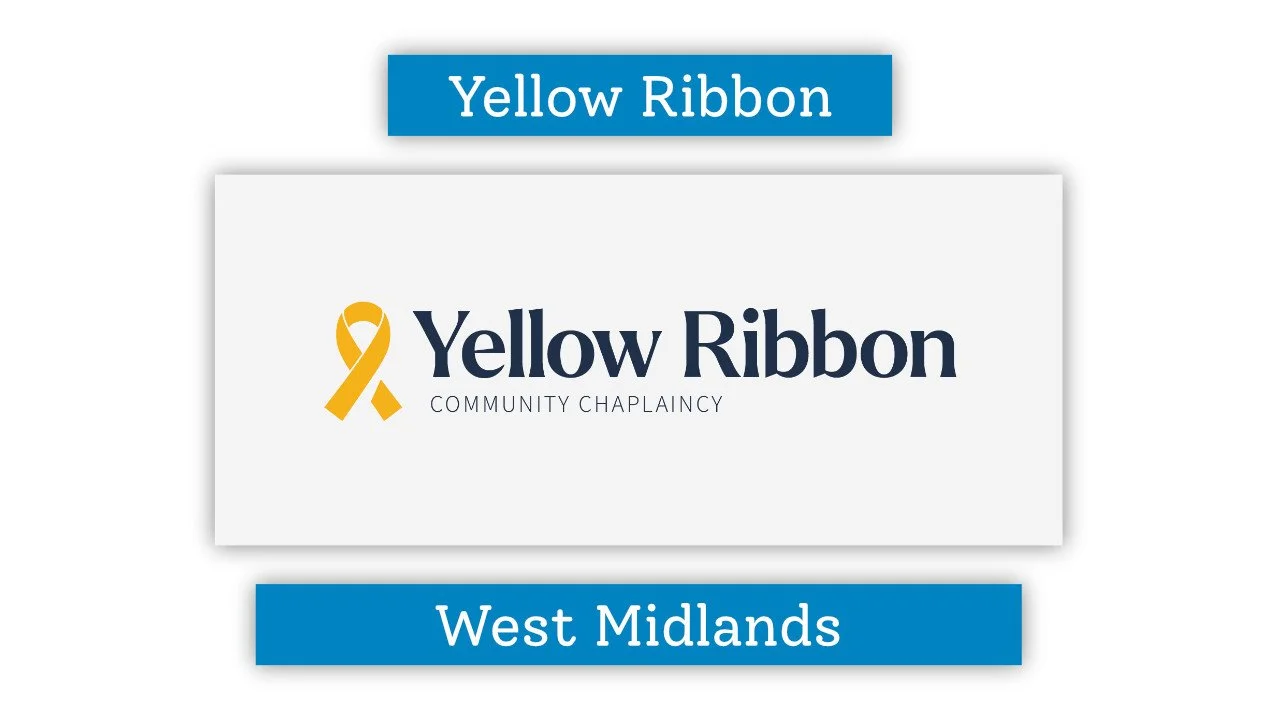 Yellow Ribbon Community Chaplaincy logo with yellow ribbon graphic, text 'Yellow Ribbon' and 'West Midlands' on a white background.