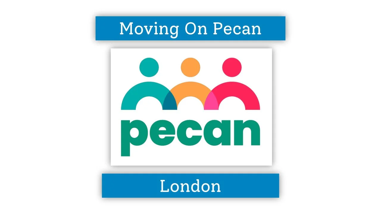 Logo for Moving On Pecan London with stylized figures in teal, orange, and pink and the word 'pecan' underneath.