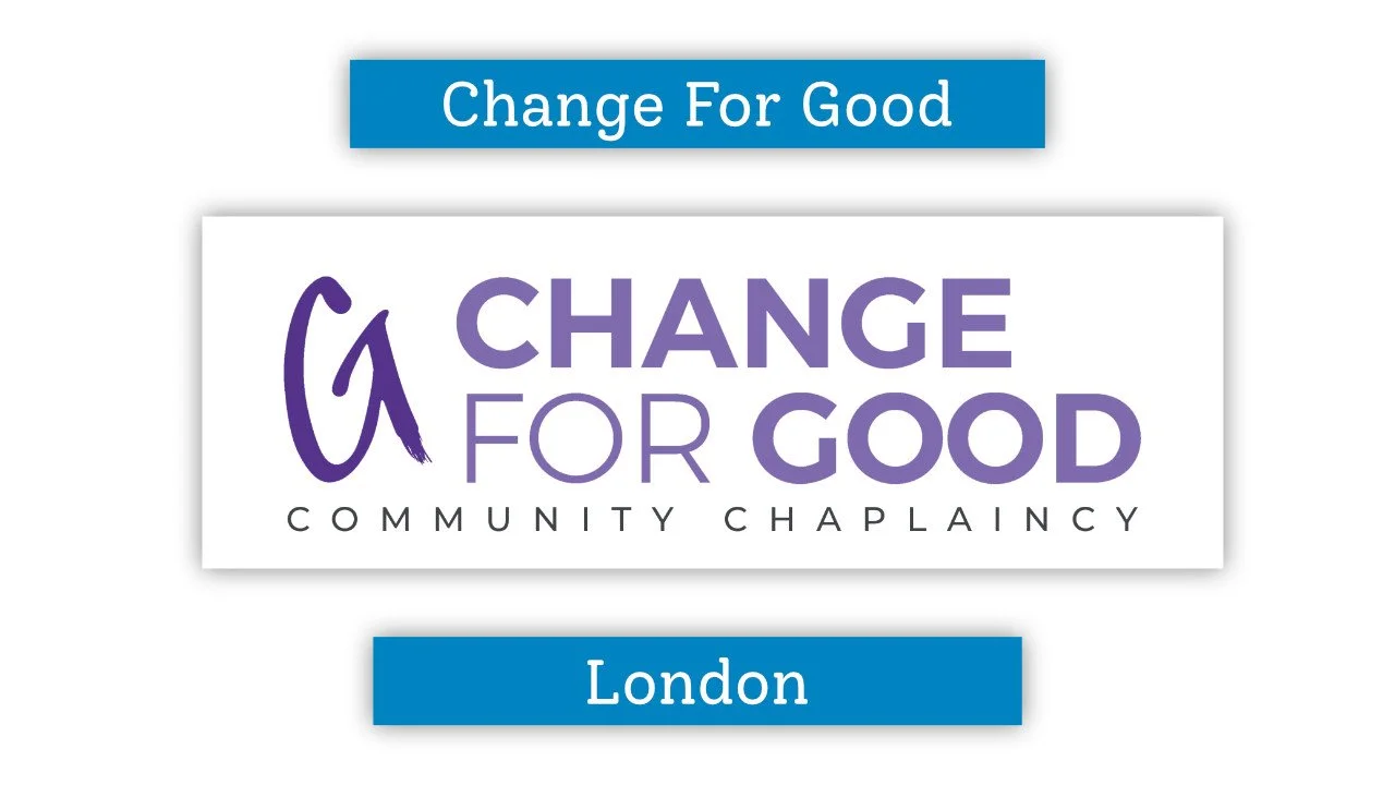 Logo for Change For Good Community Chaplaincy in London, featuring purple and blue text and design elements.