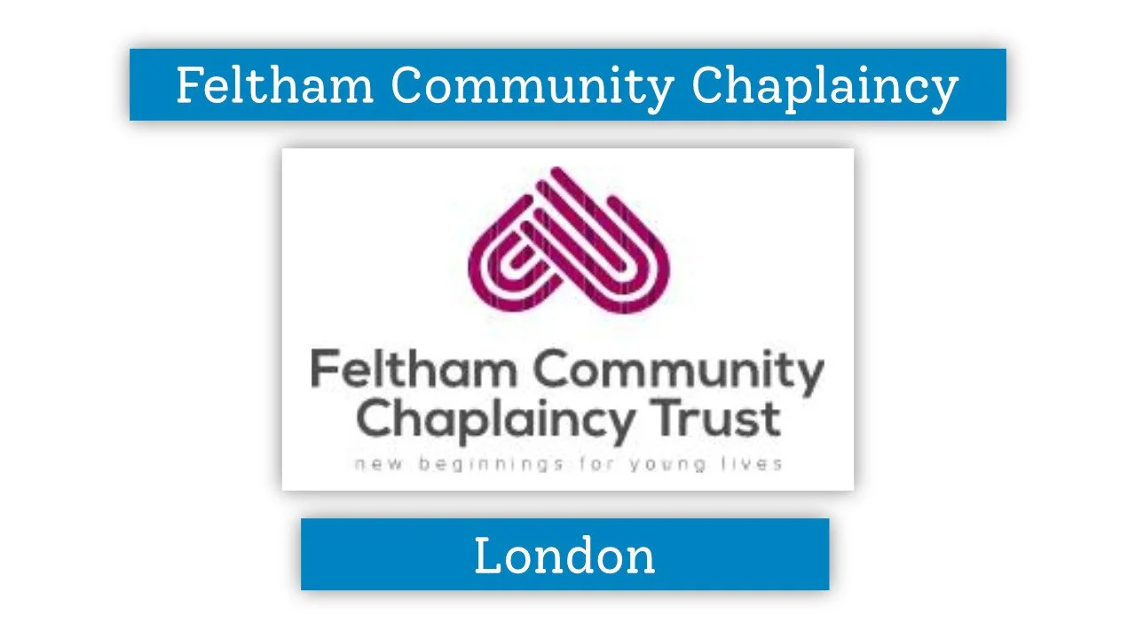 Logo of Feltham Community Chaplaincy Trust with purple graphic and black text. Blue header says 'Feltham Community Chaplaincy,' and blue footer says 'London.'