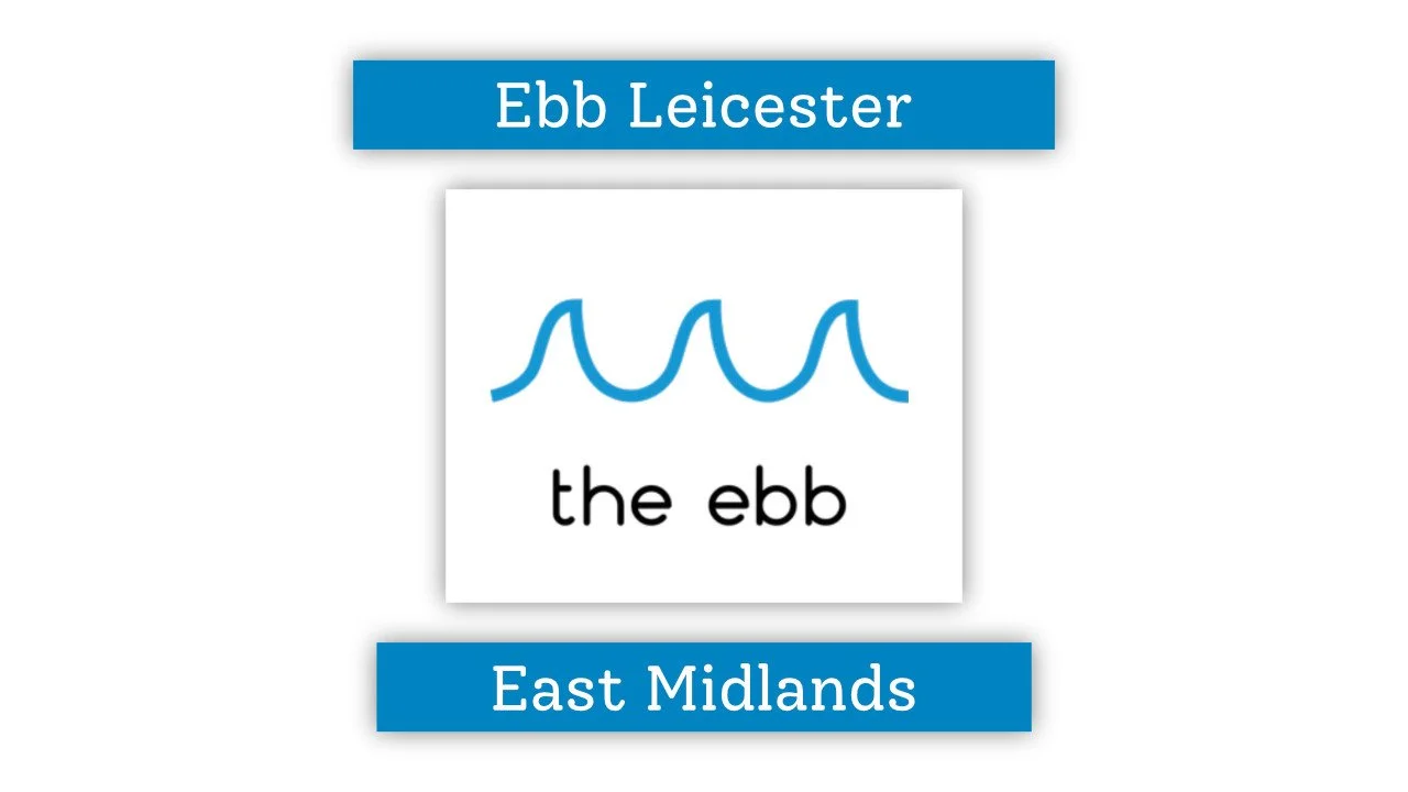 Logo with blue wavy lines above the text 'the ebb', centered on a white background, with blue banners above and below reading 'Ebb Leicester' and 'East Midlands' respectively.