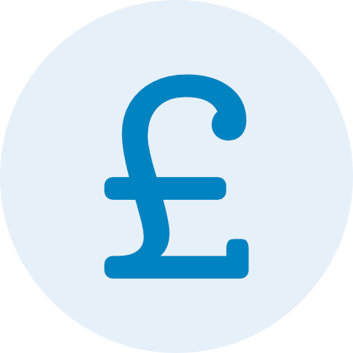 Icon of a British pound currency symbol (£) in blue on a light blue circular background.