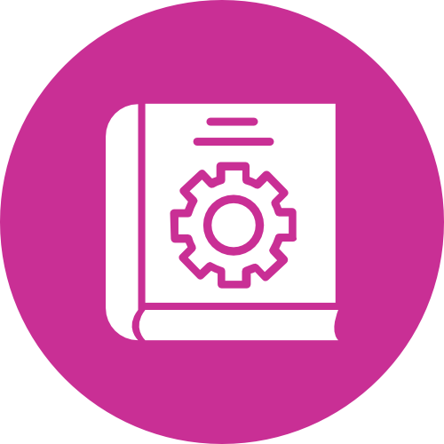 Icon of a book with a gear symbol on the cover, representing technical or instructional content, set against a purple circular background.