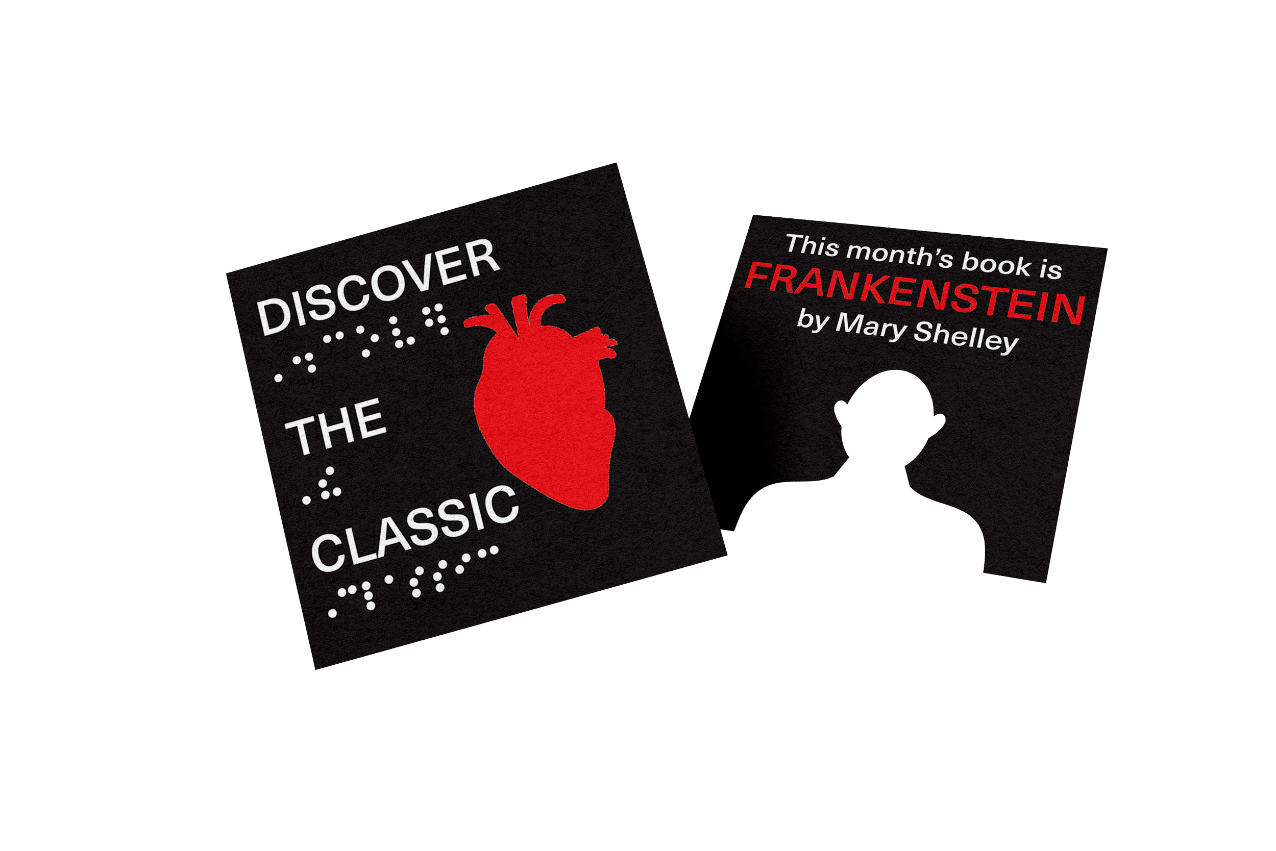 Books from classic horror author Mary Shelley, including 'Discover the Classic' with a red heart on a black background and 'This month's book is Frankenstein' by Mary Shelley.